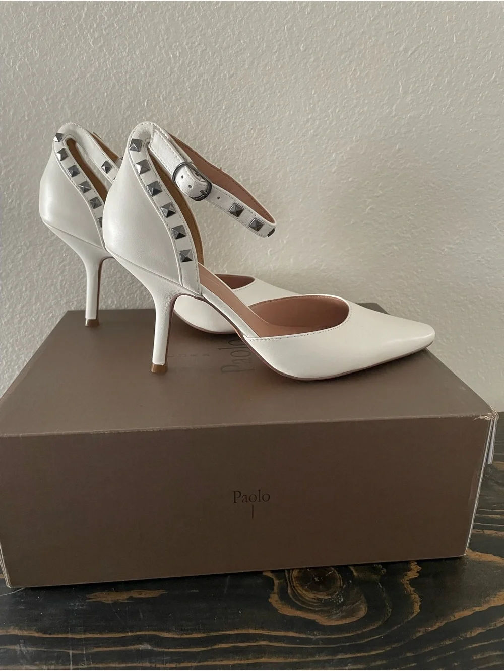 Paolo Leather Studded Ankle-Strap Heels in eggshell